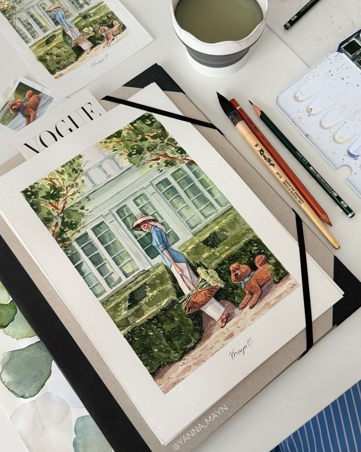 Illustration of a woman and dog in a garden setting, surrounded by art supplies on a workspace table.