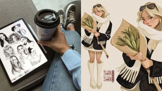 Person holding coffee, iPad with sketches on left; stylish illustration of woman with flowers on right.