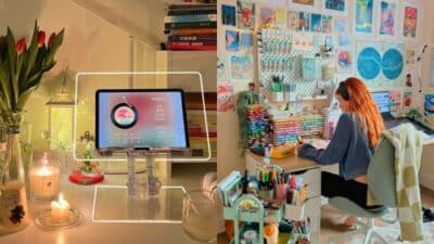 Cozy desk with candles, art supplies, and tablet; a person working surrounded by colorful decor and cheerful ambience.