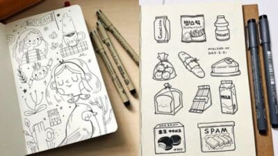 Sketchbook with doodles and groceries, including milk, yogurt, and snacks, on a table with pens beside.