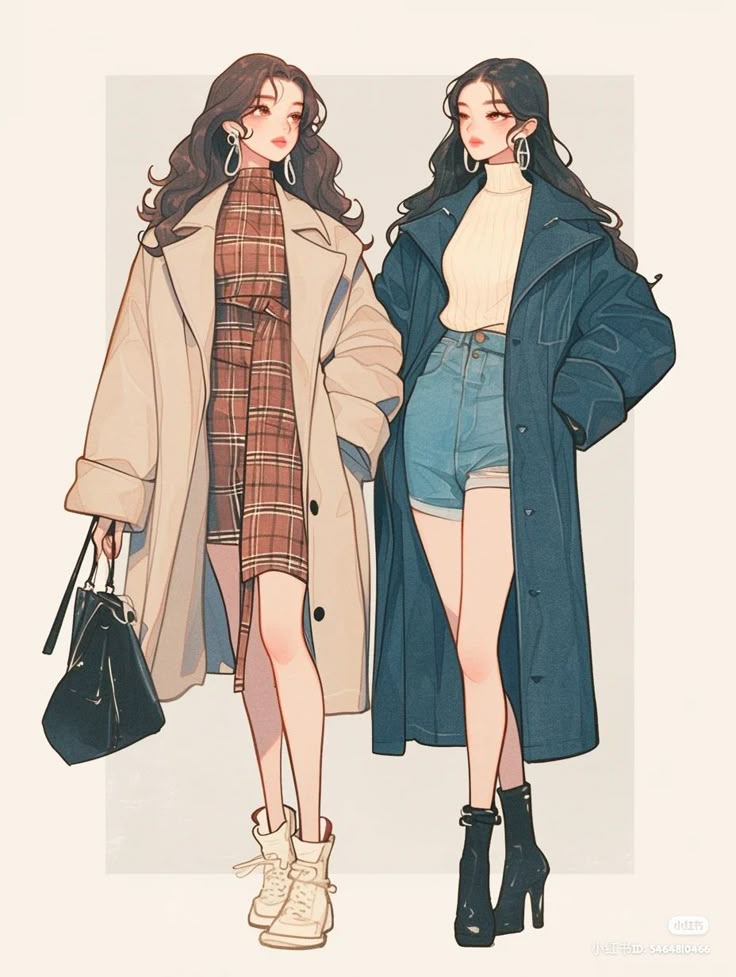 drawing ideas by ai Fashion illustration of two stylish women in coats, one in plaid, the other in shorts, both with long hair and earrings. | Sky Rye Design Fashion illustration of two stylish women in coats, one in plaid, the other in shorts, both with long hair and earrings.