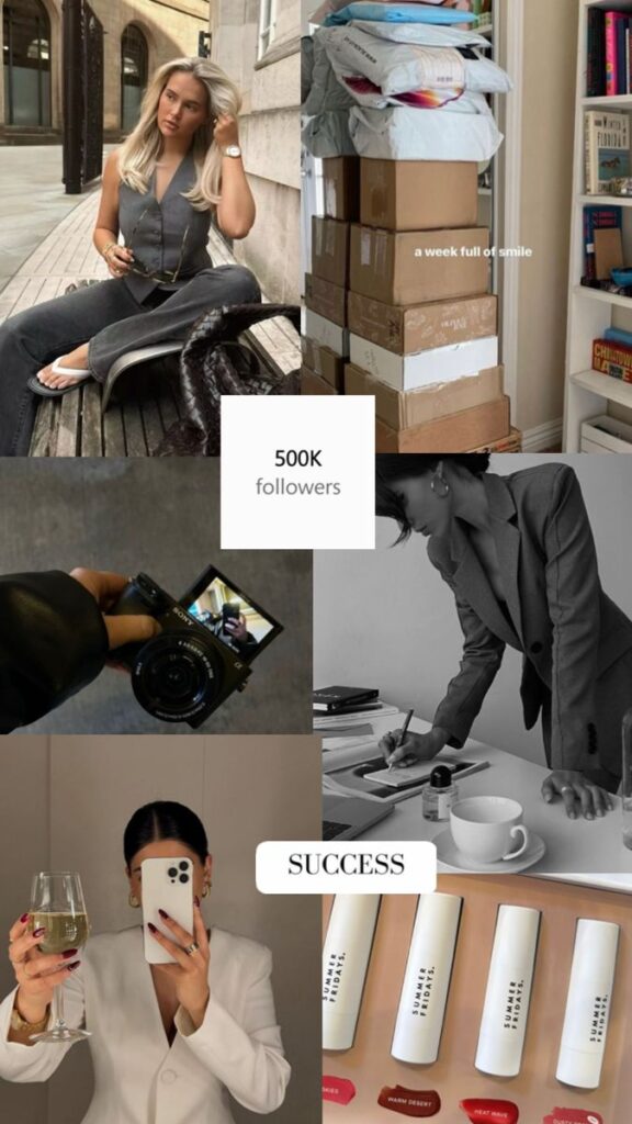 Fashion and lifestyle collage: influencer, packages, camera, office scene, selfie with wine, beauty products.