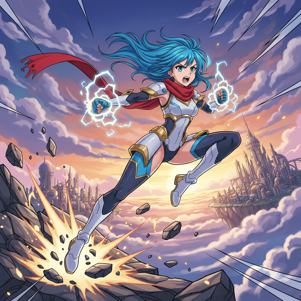 dreamcanvas-1768923159782 Fierce anime superhero with electric powers leaps above a futuristic cityscape, surrounded by clouds and dramatic skies. | Sky Rye Design Fierce anime superhero with electric powers leaps above a futuristic cityscape, surrounded by clouds and dramatic skies.