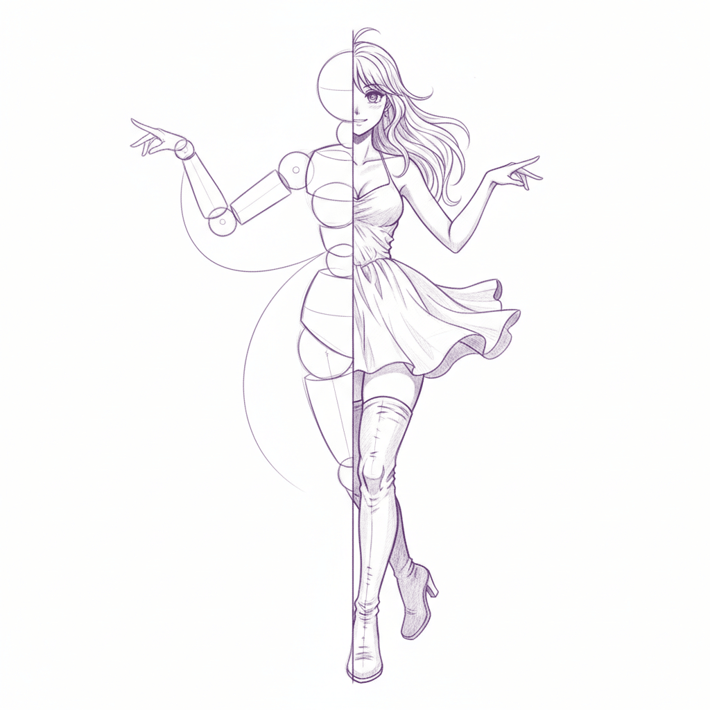 dreamcanvas-1768923243657 Half-robot, half-human anime-style illustration depicting transformation and creativity, showcasing a merging of technology | Sky Rye Design Half-robot, half-human anime-style illustration depicting transformation and creativity, showcasing a merging of technology