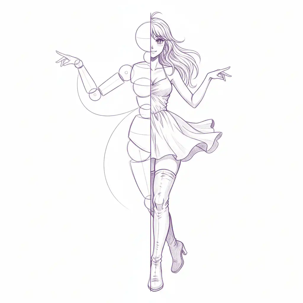 Half-robot, half-human anime-style illustration depicting transformation and creativity, showcasing a merging of technology