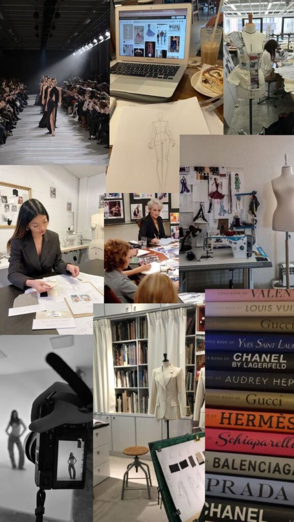 Collage of fashion design elements: runway, sketches, studio work, photography, and iconic fashion books.