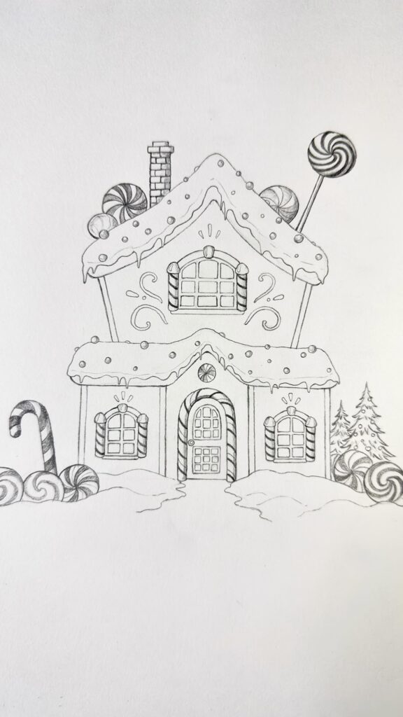 Hand-drawn gingerbread house with candy details and snow-covered roof for Christmas illustration.