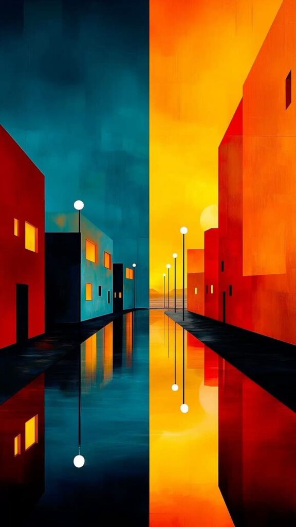 Colorful abstract cityscape with contrasting blue and orange buildings reflecting in water, streetlights lining the path.