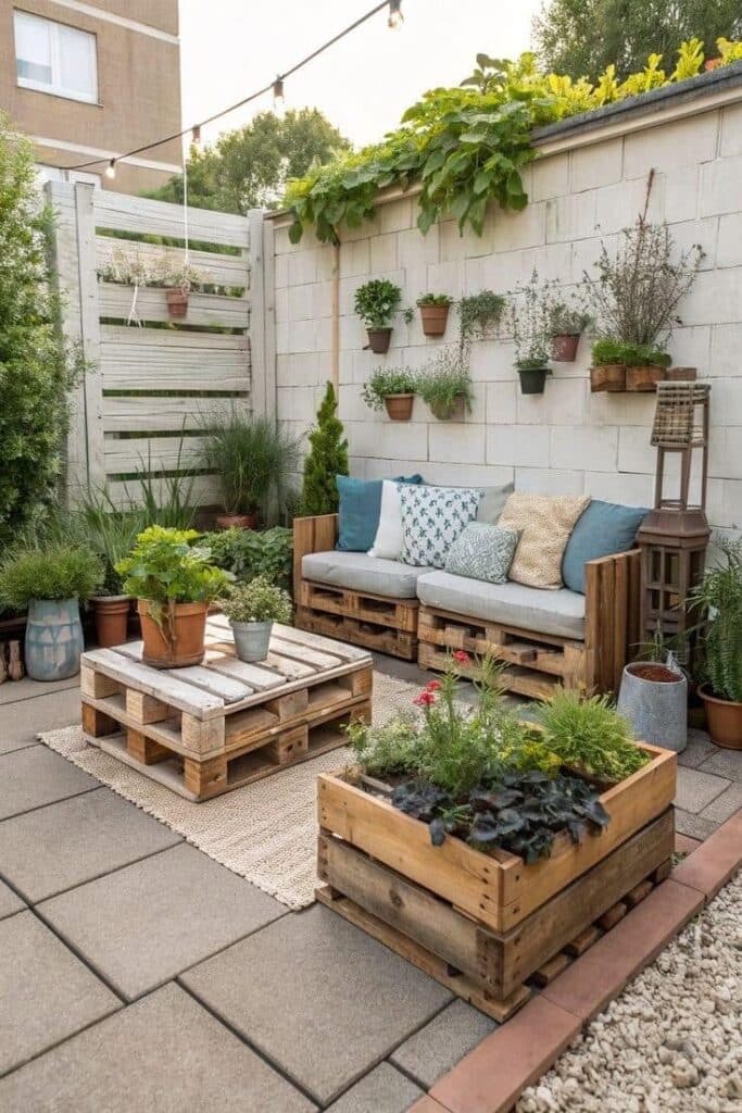 Cozy patio with pallet furniture, lush plants, and string lights, creating a serene outdoor living space.