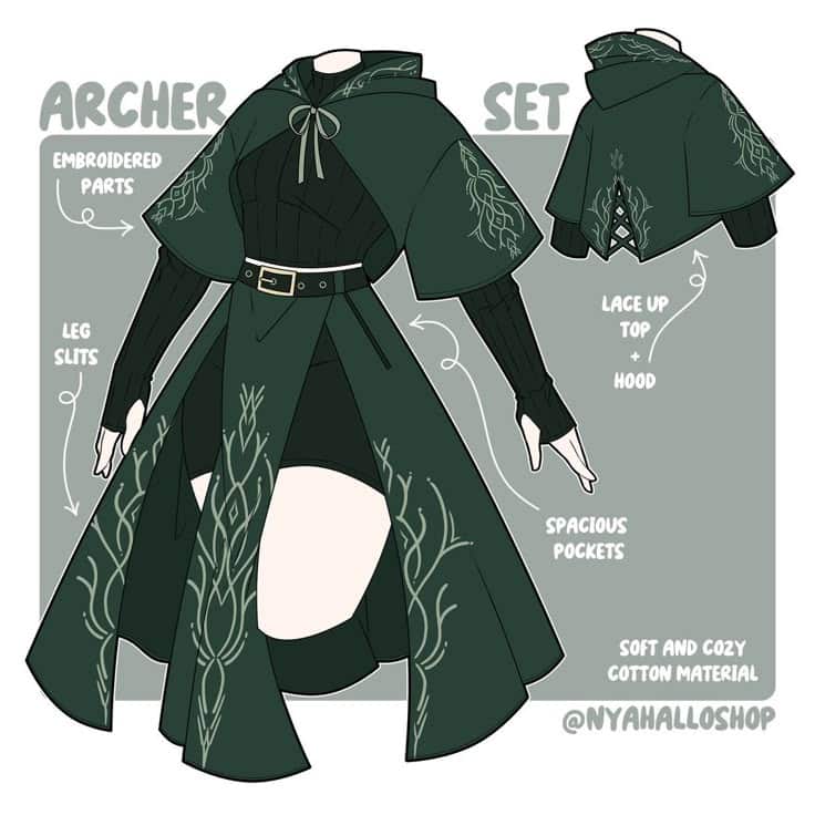 Green archer outfit with embroidered parts, leg slits, lace-up hooded top, and spacious pockets. Cozy cotton material.