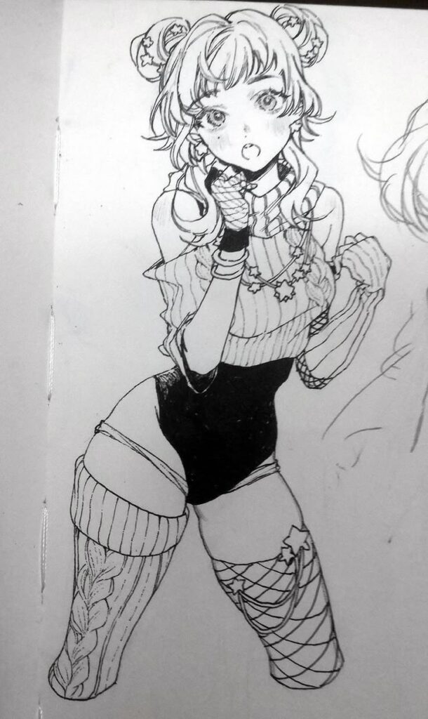 Anime-style girl in a fashionable outfit with star accessories, showcasing unique stockings and playful hair buns.
