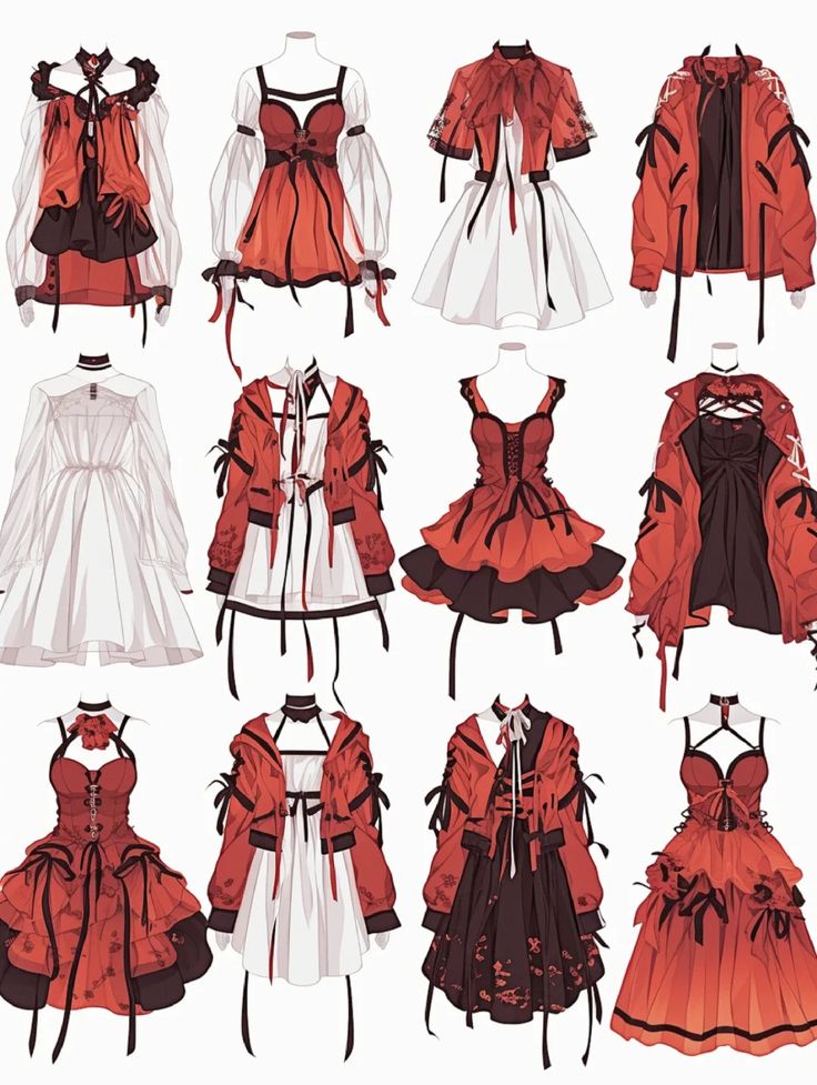 e2d193f7-12c1-4f88-b453-3986713f03cf Red and white gothic-inspired dresses on mannequins, featuring lace, bows, and layered details. | Sky Rye Design Red and white gothic-inspired dresses on mannequins, featuring lace, bows, and layered details.