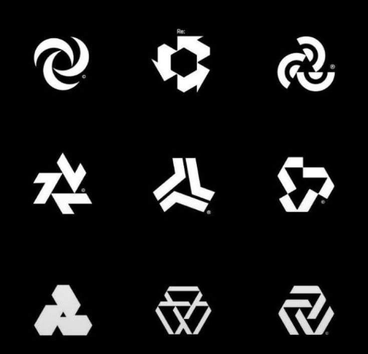 Collection of nine abstract black and white geometric logos on a black background.