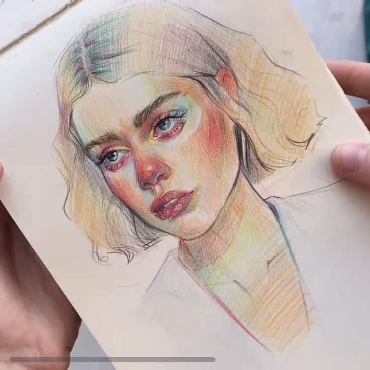 e46896e7-1906-42fb-866a-cf284040dea5 Colorful sketch of a woman's face in a notebook, showcasing detailed pencil art with vibrant hues. | Sky Rye Design Colorful sketch of a woman's face in a notebook, showcasing detailed pencil art with vibrant hues.