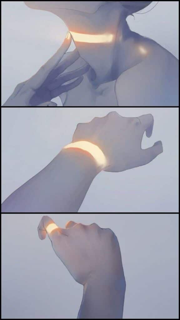 Artwork illustrating illuminated lines on neck, wrist, and finger, depicting a glowing connection in soft tones.