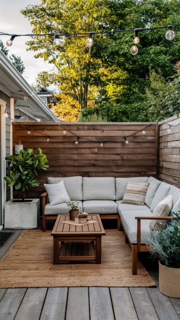 Cozy outdoor patio with wooden furniture, string lights, and greenery, creating a relaxing backyard atmosphere.