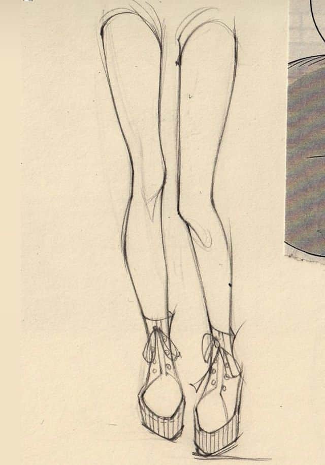 Sketch of legs wearing platform shoes, showcasing basic anatomy and footwear design on a beige background.