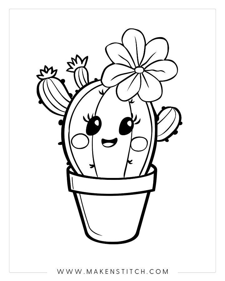 Cute cartoon cactus in a pot with a smiling face and large flower, perfect for kids' coloring activities.