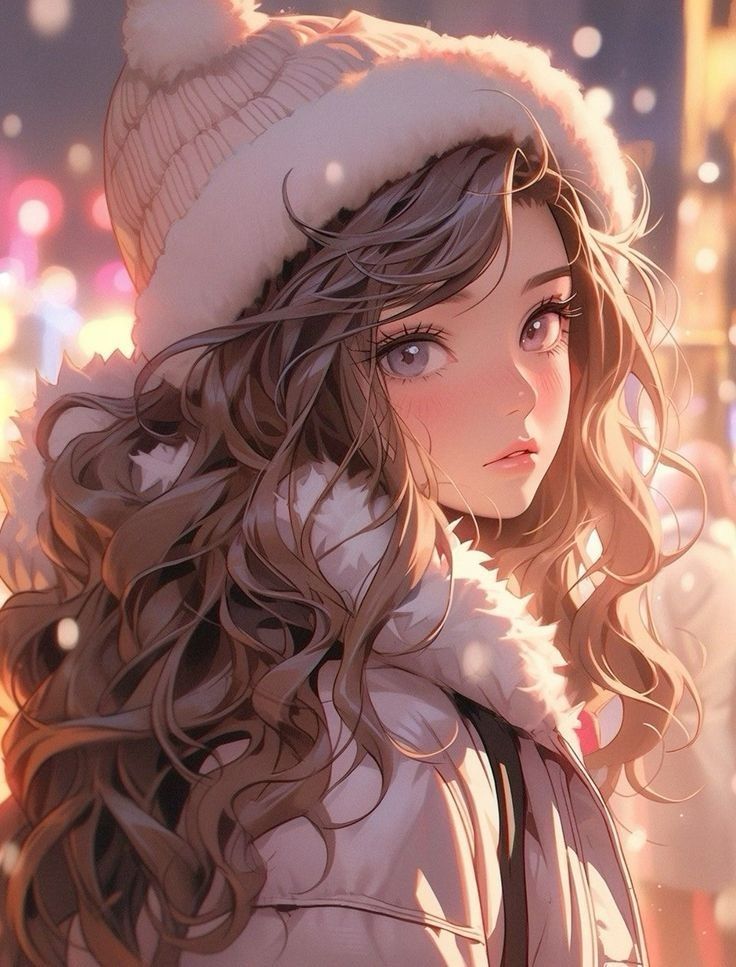 Anime girl with long hair, wearing a winter hat and coat, surrounded by colorful bokeh lights.
