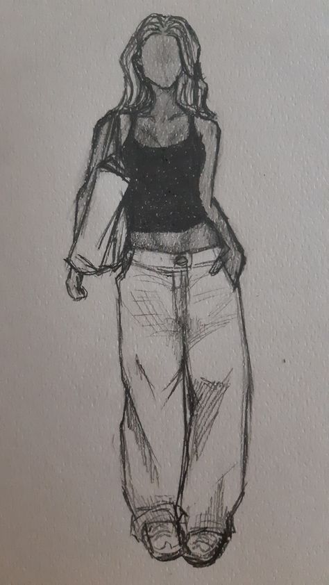 Fashion sketch of a woman in a black top and baggy jeans, holding a tote bag, with detailed shading.