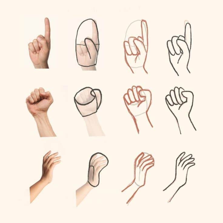 Hand gestures and drawings showing stages of sketching different hand positions, including pointing and fist.