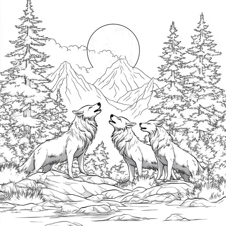 e9c250b0323de92f6c9d7049f19ce06b Three wolves howling at the moon in a forest with mountains in the background. Black and white illustration. | Sky Rye Design Three wolves howling at the moon in a forest with mountains in the background. Black and white illustration.
