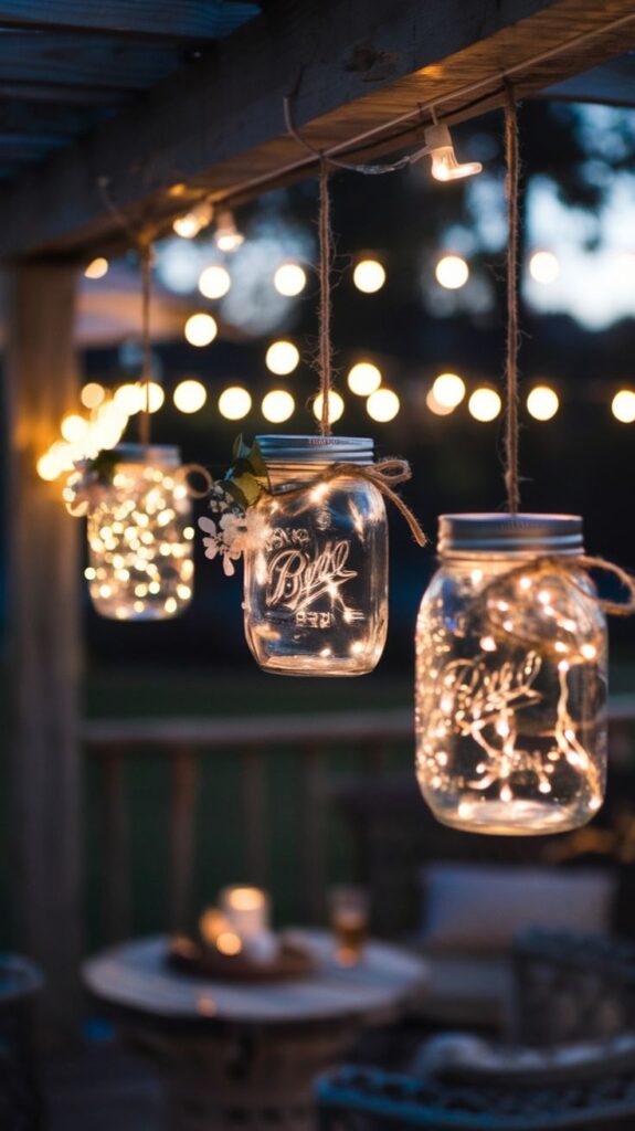 ea38cd363807c6349fb8b0882ddaf2b0 Hanging mason jar lights with flowers, creating a cozy outdoor ambiance against a backdrop of blurred string lights. | Sky Rye Design Hanging mason jar lights with flowers, creating a cozy outdoor ambiance against a backdrop of blurred string lights.