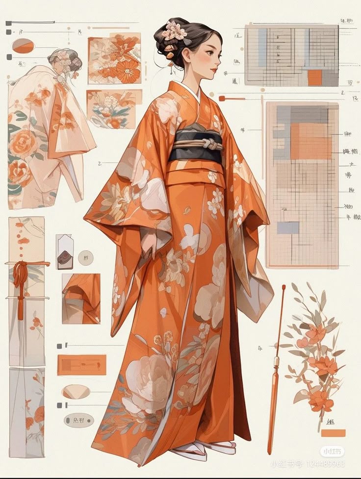Illustration of a woman in a detailed orange kimono, showcasing floral patterns and traditional design elements.