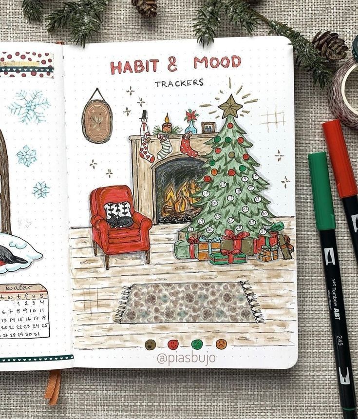Festive habit and mood tracker journal with Christmas decor, tree by fireplace, gifts, and an armchair setup.