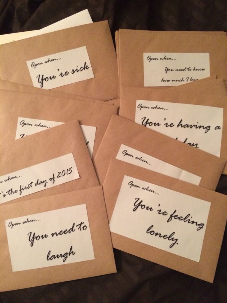 Multiple envelopes labeled for different occasions: sick, need to laugh, feeling lonely, and more. Thoughtful letters.
