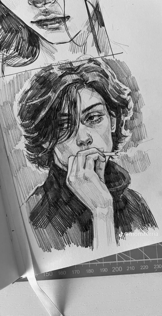 ecc71db8-e298-4be7-a28a-4b9c8ba89a5f Sketch of a thoughtful person smoking, in black and white, with expressive eyes and detailed shading. | Sky Rye Design Sketch of a thoughtful person smoking, in black and white, with expressive eyes and detailed shading.