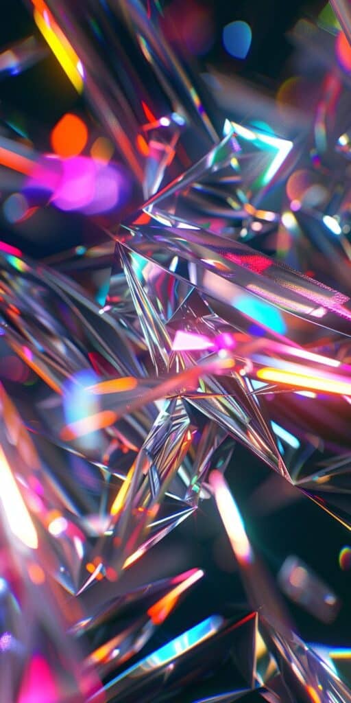 Abstract multicolored geometric crystal shapes with vibrant light reflections and bokeh effect.