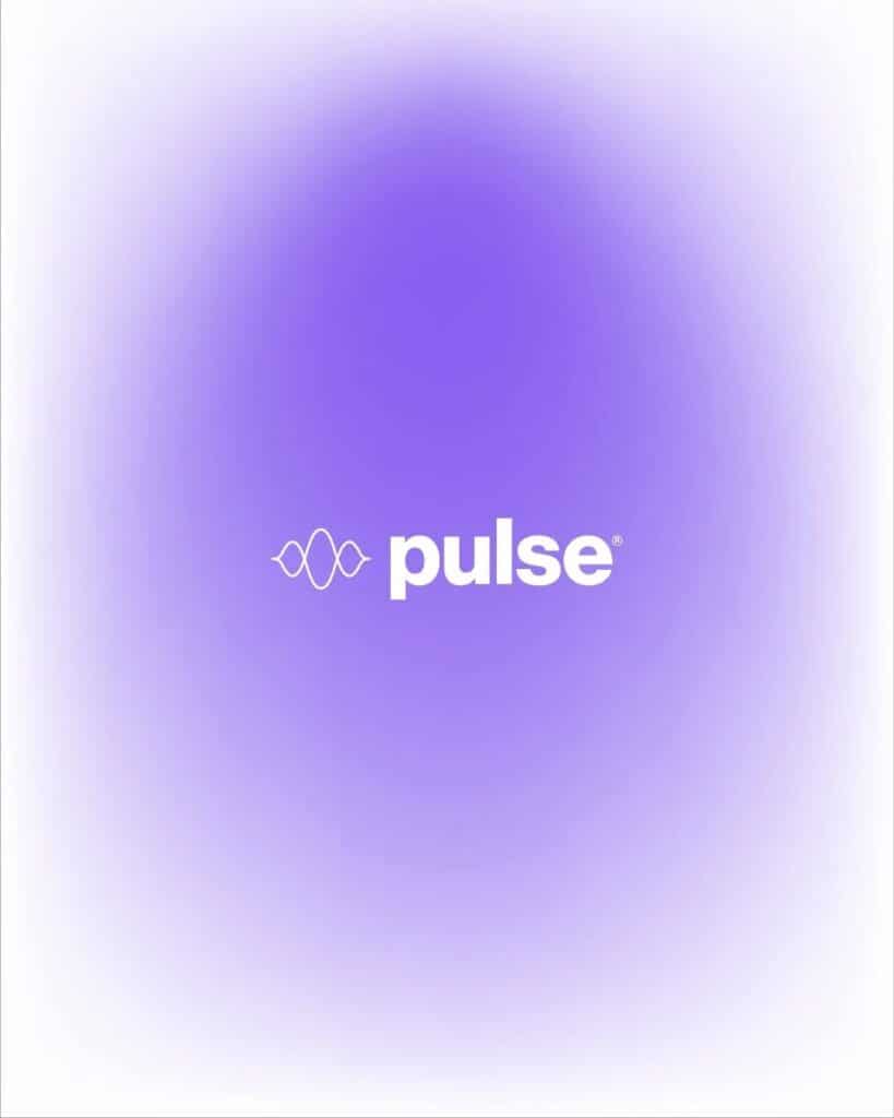 Purple gradient background with white pulse logo and soundwave icon for branding or design theme.
