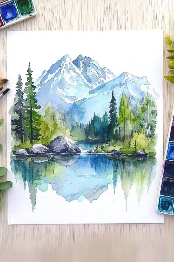 ed575f2889fa1b2582069d12e0f87b69 1 Watercolor painting of a serene mountain landscape with trees and reflection in a lake. | Sky Rye Design Watercolor painting of a serene mountain landscape with trees and reflection in a lake.