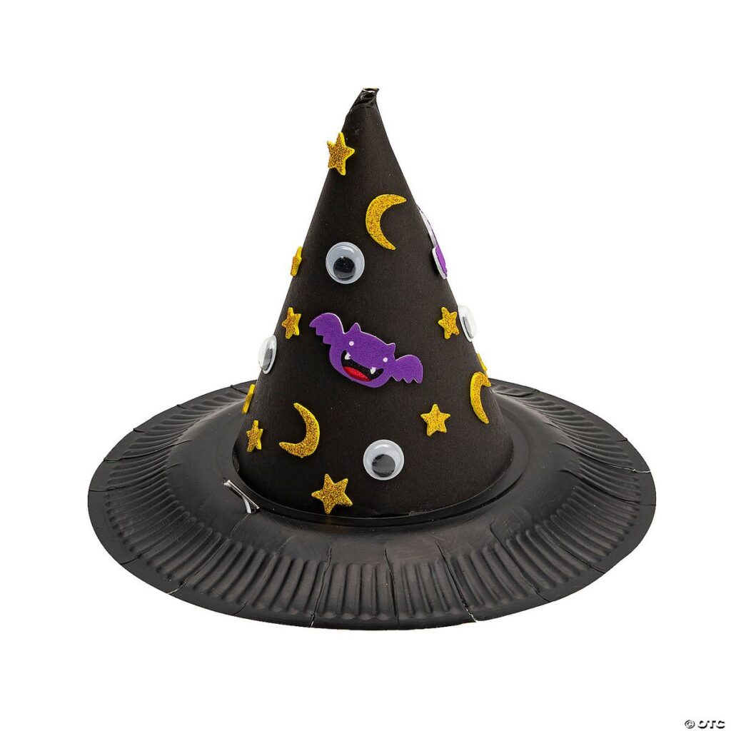 ed9b8228482ee641e9284d47d1b0bb6a Whimsical witch hat decorated with stars, moons, googly eyes, and a bat for Halloween fun. | Sky Rye Design Whimsical witch hat decorated with stars, moons, googly eyes, and a bat for Halloween fun.