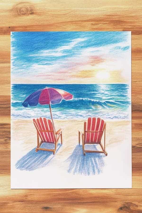 Illustrated beach scene with two red chairs and umbrella facing ocean at sunrise on wooden surface.