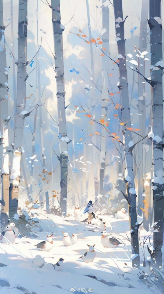 Whimsical winter forest scene with snow, birch trees, and a person walking among cute birds.