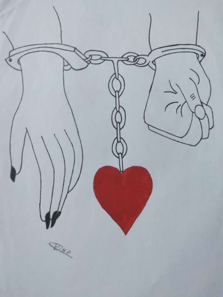 Illustration of hands in handcuffs linked by a chain with a red heart, symbolizing love and bondage.