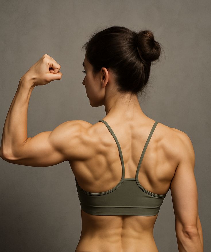 Fit woman flexing back muscles in sportswear, showcasing strength and athleticism.