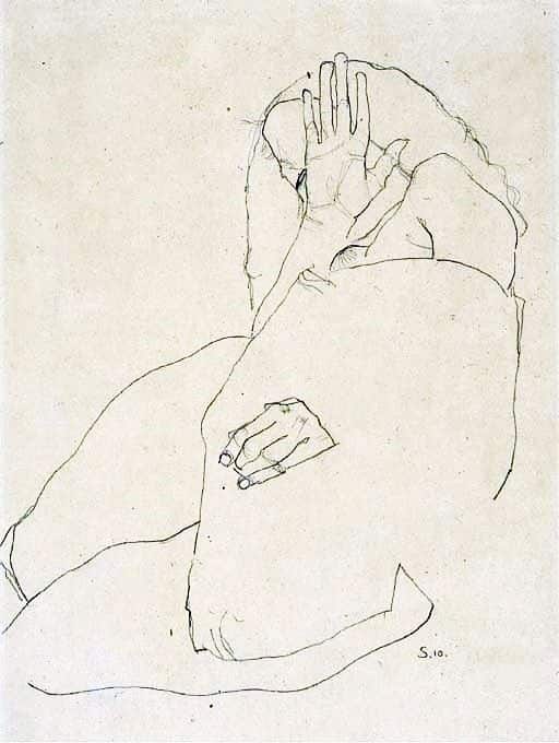 Minimalist sketch of a person seated, hand covering face, capturing emotion with simple lines on a textured background.