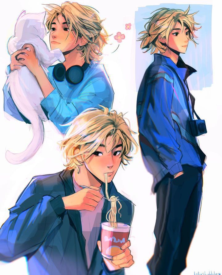 Anime character montage: holding a cat, eating noodles, and standing with headphones, casual style in blue tones.