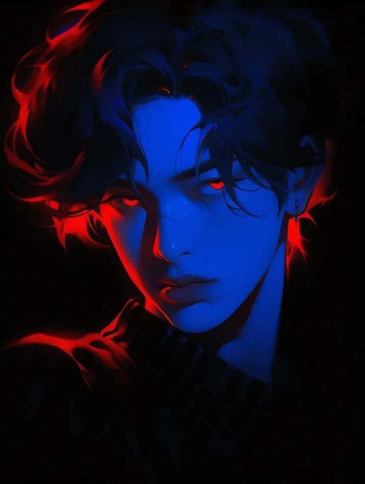 Anime-style portrait with dramatic red and blue lighting on a mysterious character.