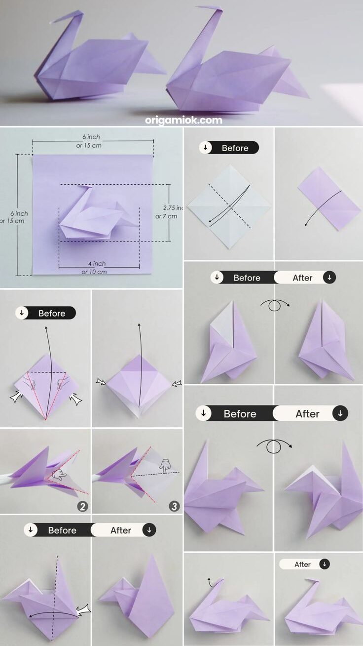 f117952074414e3da03e9aeafe0124ff How to make an origami swan: step-by-step folding tutorial with visual instructions in purple paper. | Sky Rye Design How to make an origami swan: step-by-step folding tutorial with visual instructions in purple paper.