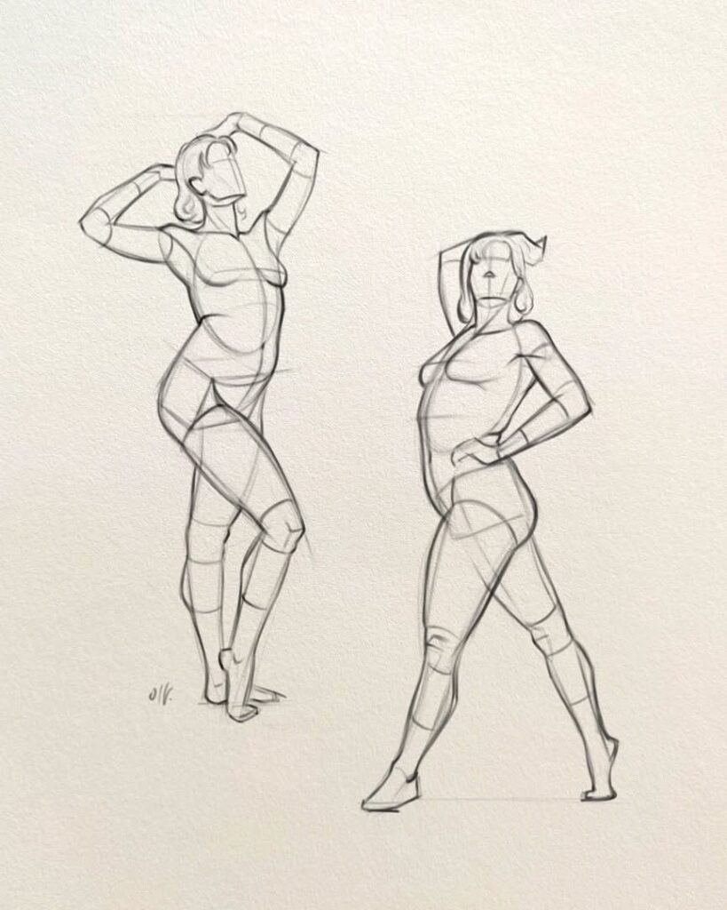 Sketch of two human figure studies in dynamic poses, emphasizing form and movement.