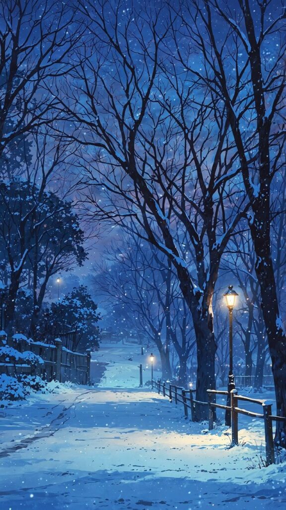 Winter night scene with snow-covered path, bare trees, and glowing streetlamps under a starry sky.