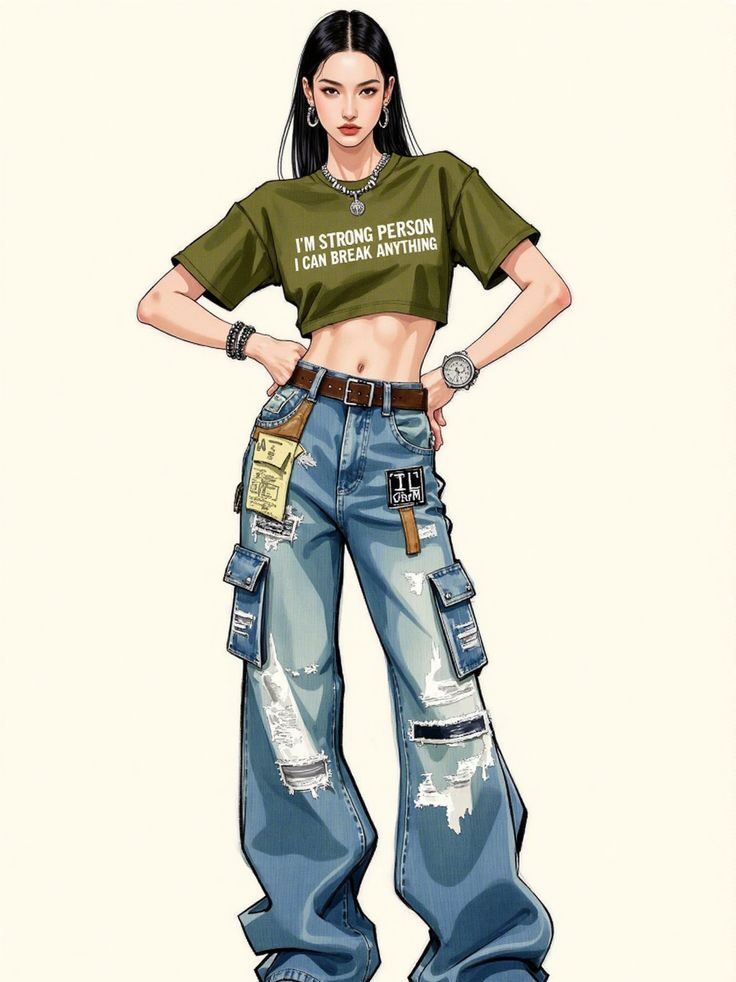 f27202ae-aecd-4614-9701-044ac1599f58 Illustrated woman in cargo jeans and a printed crop top, wearing sneakers and accessories, with a confident pose. | Sky Rye Design Illustrated woman in cargo jeans and a printed crop top, wearing sneakers and accessories, with a confident pose.