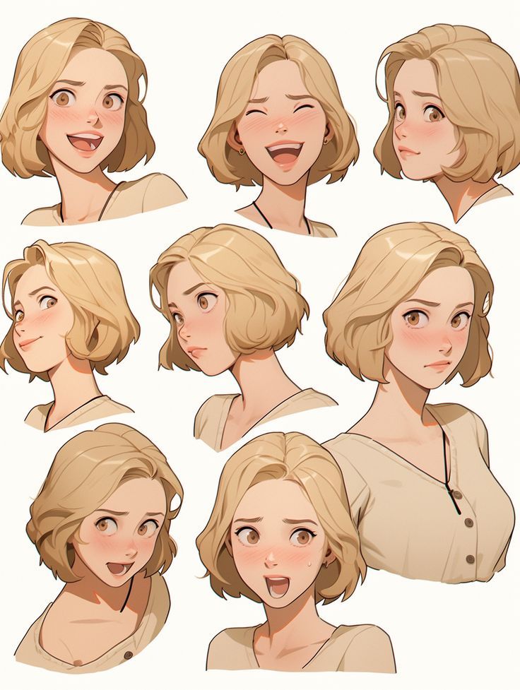 Anime character expressions collage with short blonde hair and a cream shirt, showcasing various emotions.