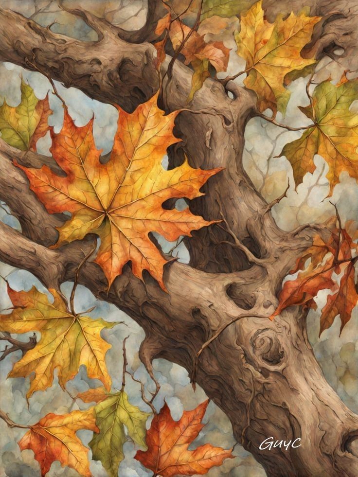 Illustration of colorful autumn leaves on a twisted tree branch, capturing the essence of fall's vibrant beauty.