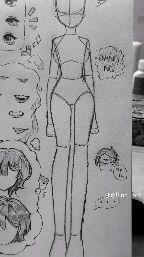 Anime character sketch with facial expressions and hairstyle details. Black and white pencil drawing.