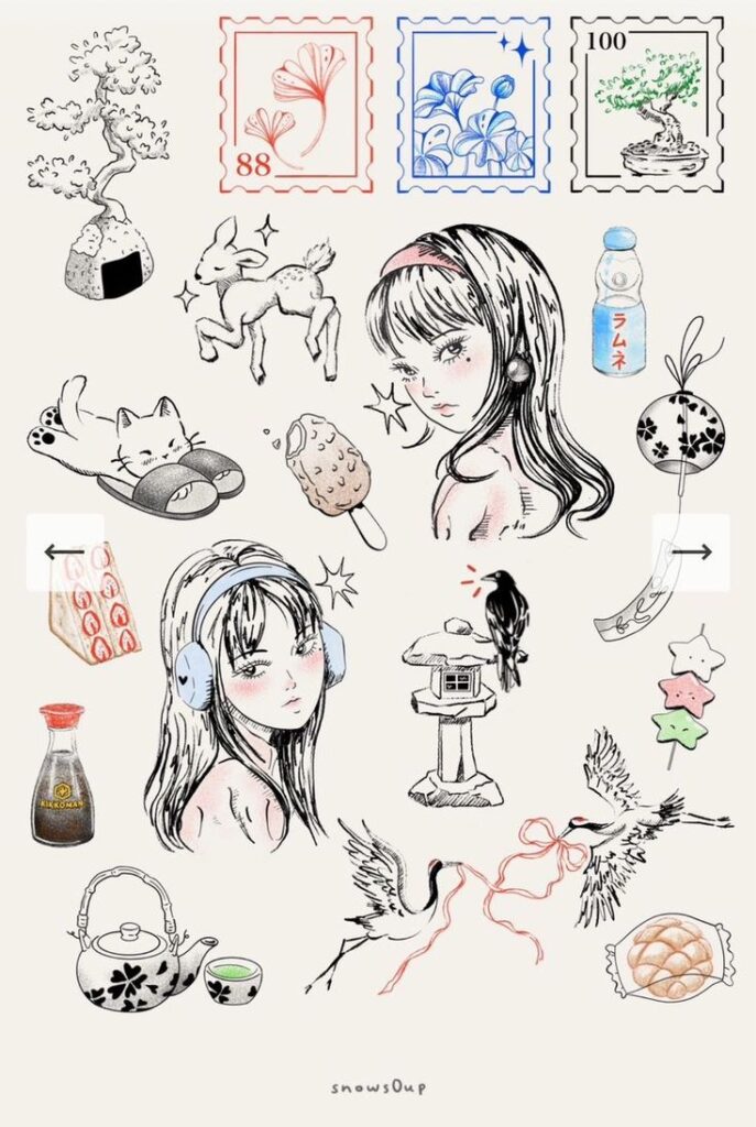 f3f7788c-cd35-4550-9d53-9c1861b8b7df Japanese-inspired illustration with diverse motifs: women, cranes, bonsai, lantern, soy sauce, snacks, stamps, and a cat. | Sky Rye Design Japanese-inspired illustration with diverse motifs: women, cranes, bonsai, lantern, soy sauce, snacks, stamps, and a cat.